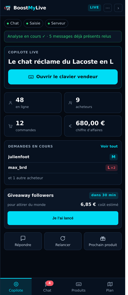 Le panneau copilote : diagnostic des sources, conseil en cours et demandes repérées dans le chat.