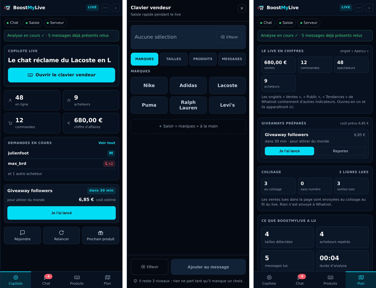 Les trois panneaux du cockpit BoostMyLive : copilote, clavier vendeur et plan du live.