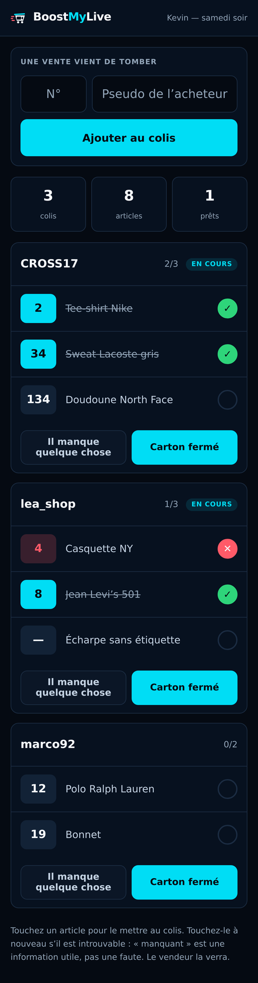 L’écran mobile du préparateur : une liste de colis à contrôler, sans aucune adresse.